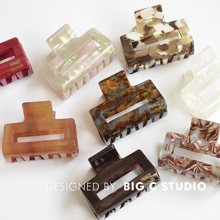 韩国醋酸中号抓夹高级感慵懒风盘发鲨鱼夹蓝咖色百搭方形半扎发抓