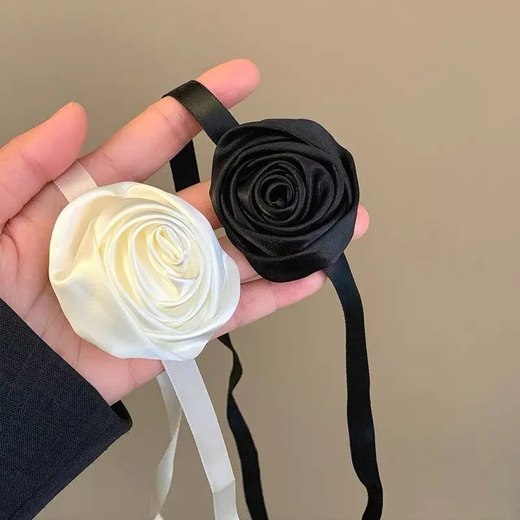 山茶花朵颈链脖子系花配饰choker黑色玫瑰花颈带项链女颈花锁骨链