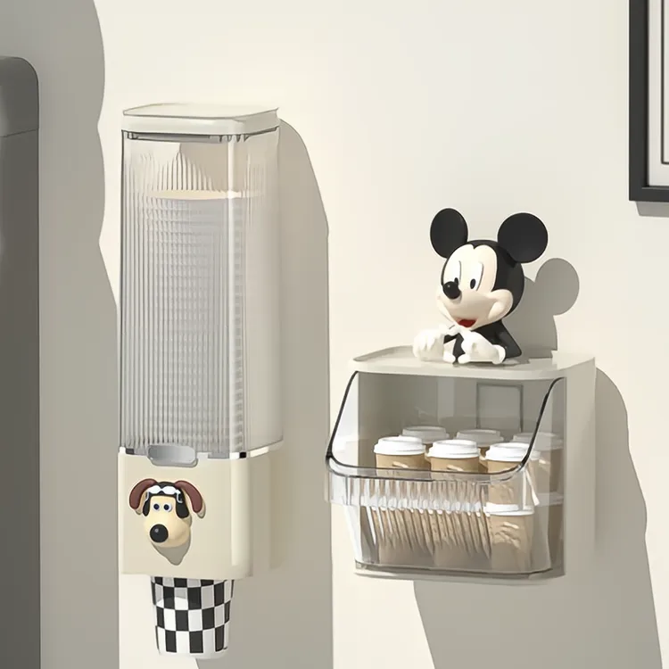 奶油风创意自动取杯器茶包收纳盒胶囊咖啡办公室桌面茶水间置物架