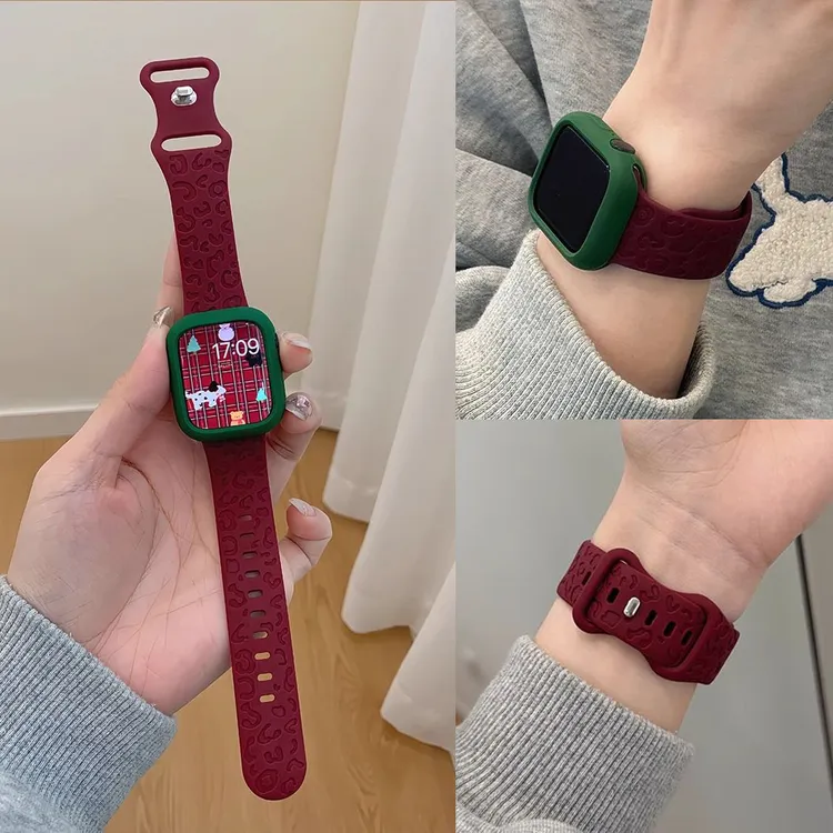 适用苹果手表带S11/10/SE/ultra表带新款豹纹亲肤硅胶蝴蝶扣表带