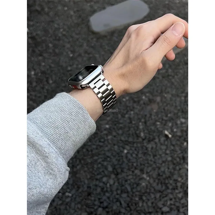 适用苹果手表带S11/10/SE/ultra表带质感实心三珠金属钢高颜值