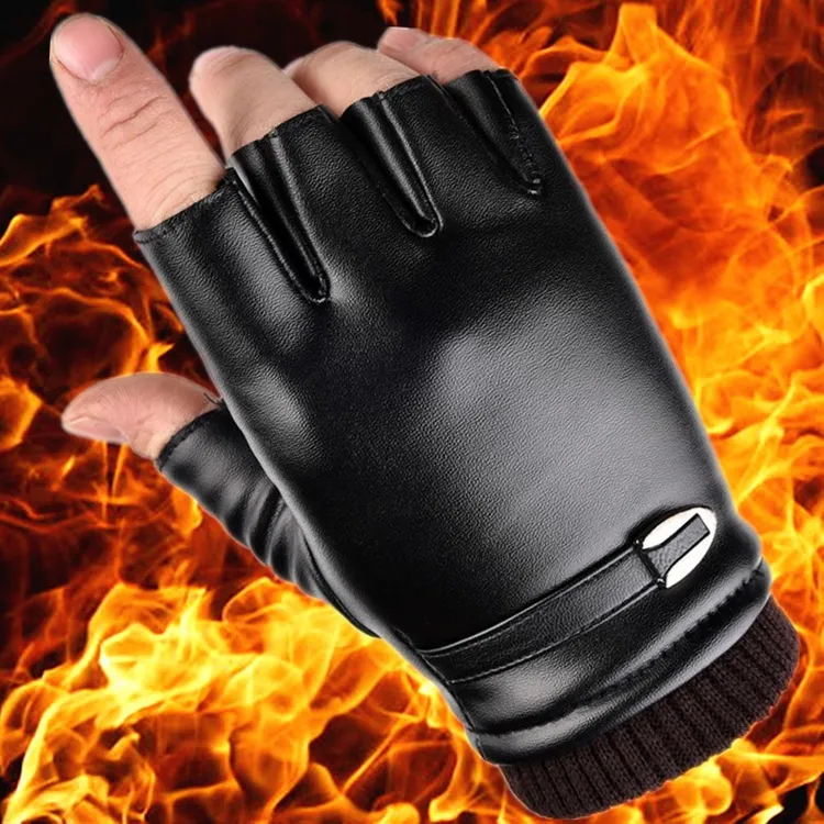 批发冬季保暖加绒半指皮手套学生漏五指半截漏指软皮防寒半指手套