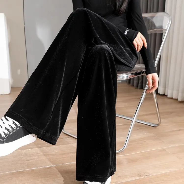 金丝绒阔腿裤女春款2025新款高级感丝绒裤高腰垂感200斤大码女裤