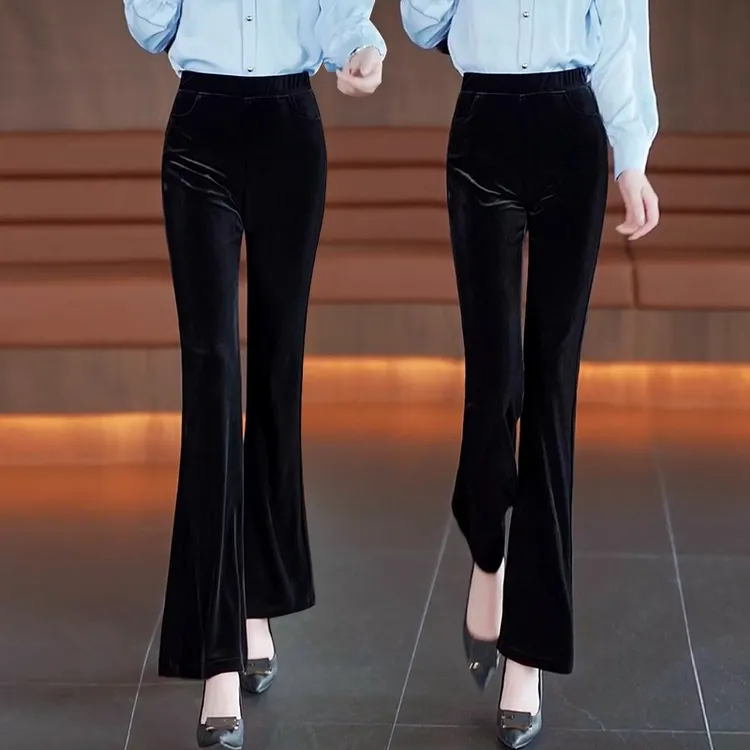 高端金丝绒微喇裤女2025春秋新款气质高腰弹力显瘦黑色喇叭裤子