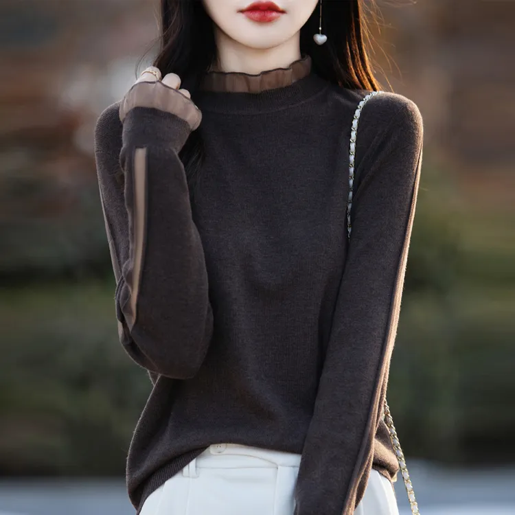 蕾丝羊绒打底衫女春秋新款小衫洋气针织宽松内搭大码羊毛打底毛衣