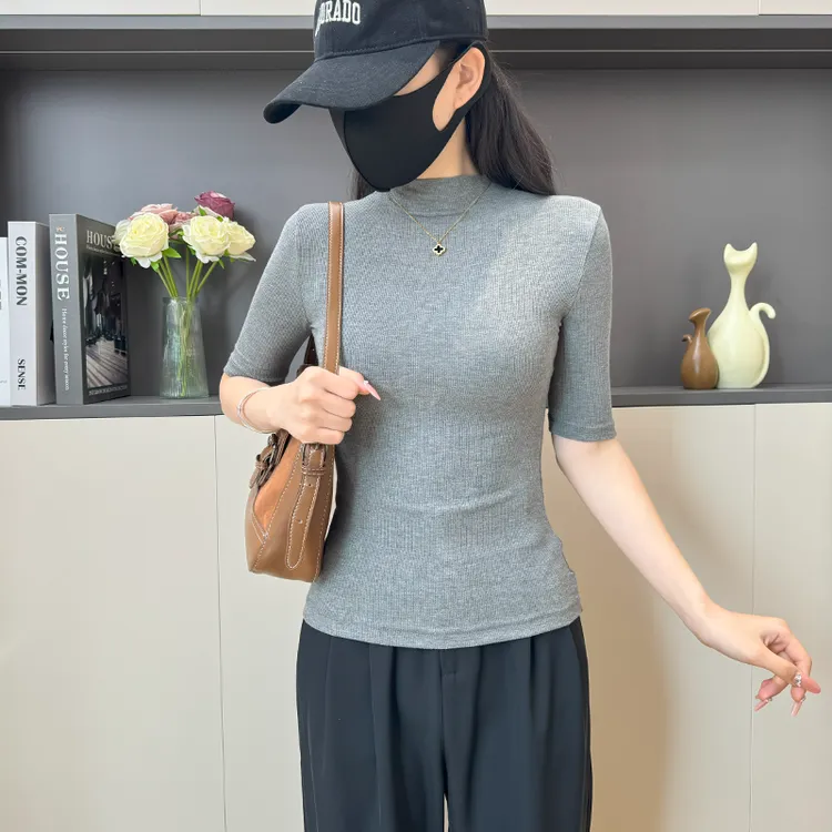 黑色半高领螺纹t恤女春夏季中袖打底衫女内搭可外穿时尚洋气上衣
