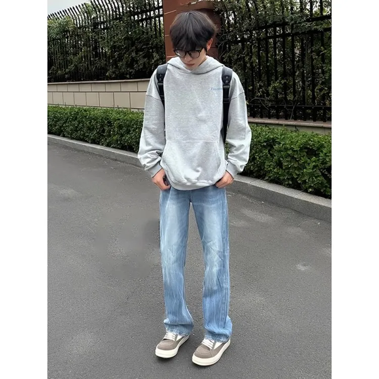 浅蓝色闪电纹直筒牛仔裤男水洗做旧vibe裤子美式高街潮流修身长裤