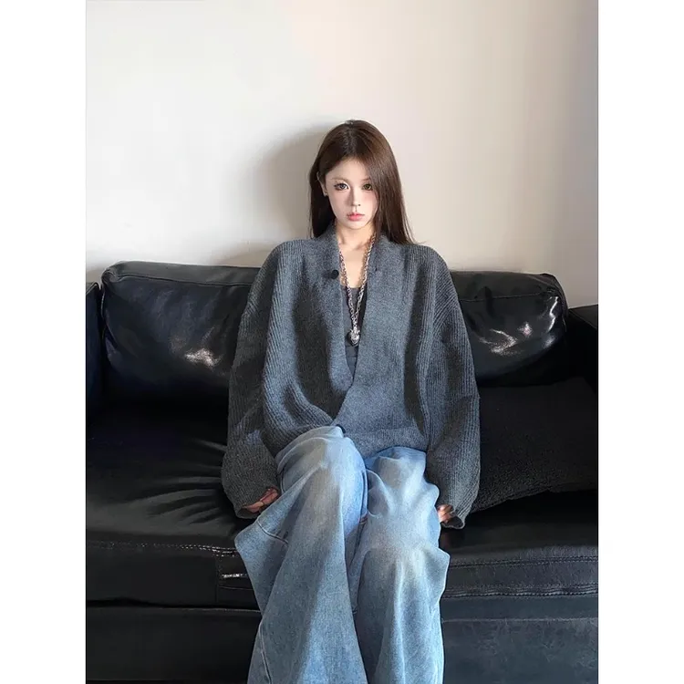 斜门襟道袍开衫毛衣男秋冬美式慵懒高级感v领针织衫cleanfit外套