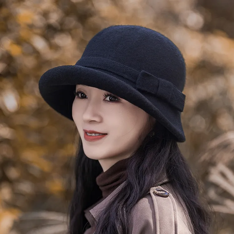 帽子女款冬季2024新款时尚复古羊毛礼帽盆帽冬女士翻边渔夫帽秋冬