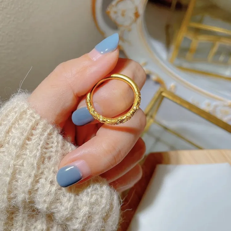 铜合金戒指 古风雕花素圈戒指女小众设计紫荆花指环时尚百搭手饰