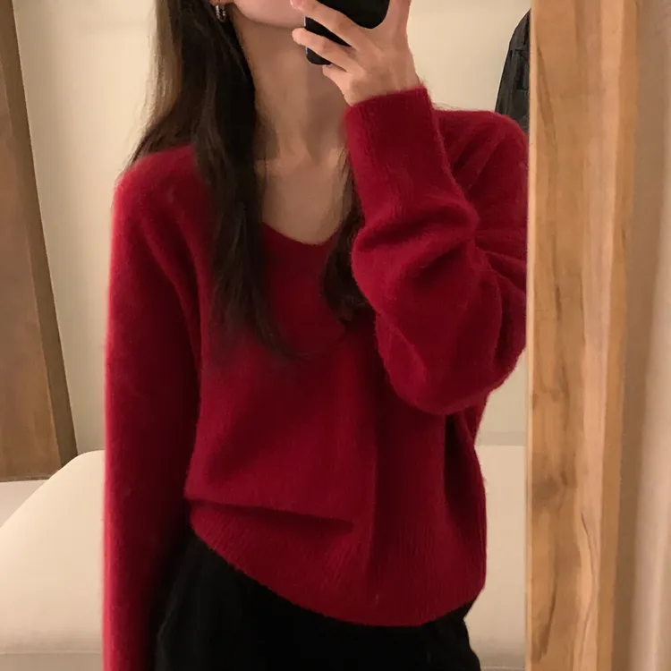 韩版慵懒风V领针织衫宽松纯色红色毛衣长袖秋冬针织上衣显瘦厚款