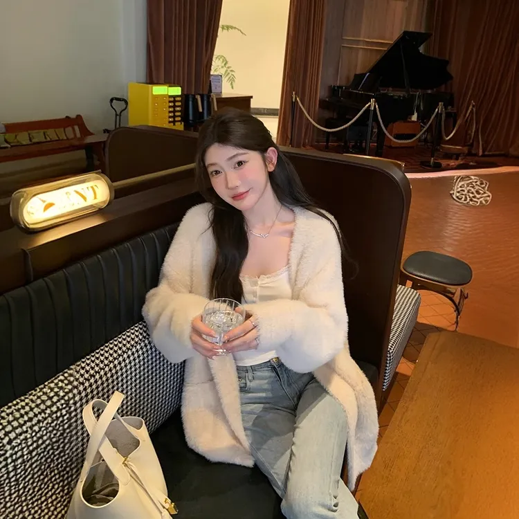 洋气秋冬新穿搭软糯慵懒水貂绒毛衣外套女宽松温柔奶fufu针织开衫