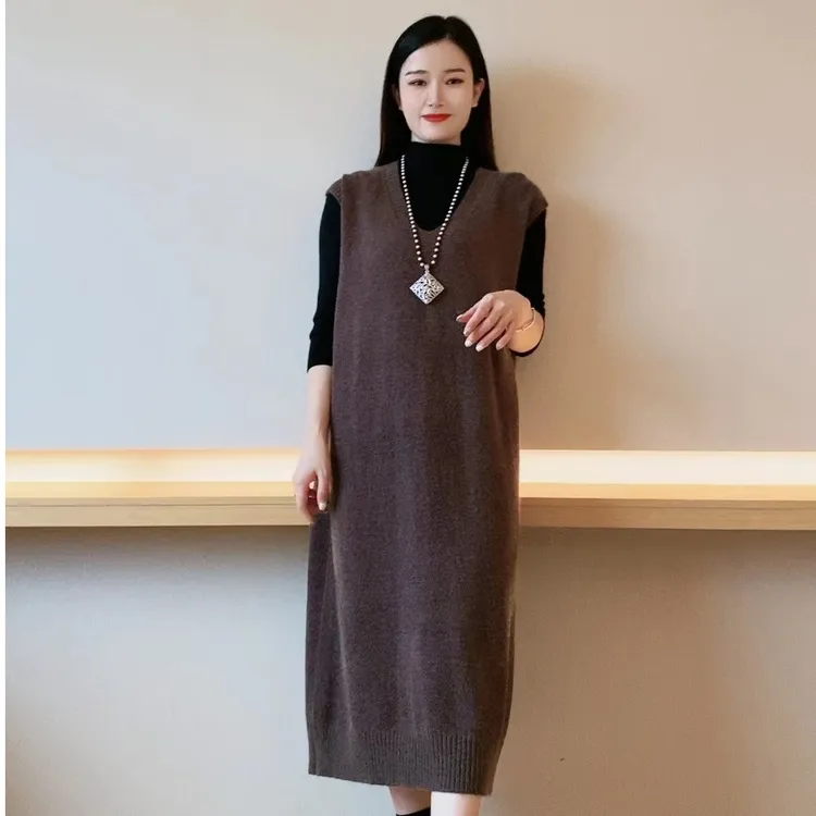 梦熙秋季新款韩版长款V领针织纯色百搭无袖毛衣女套头马甲裙