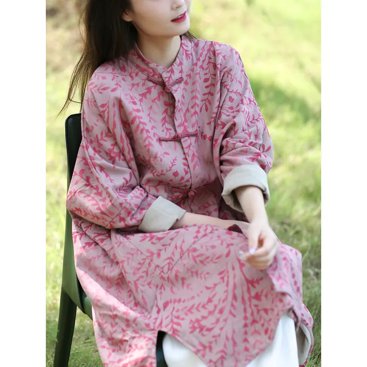 子曰原创设计棉麻外套女装文艺复古立领盘扣宽松蝙蝠袖中长款外套