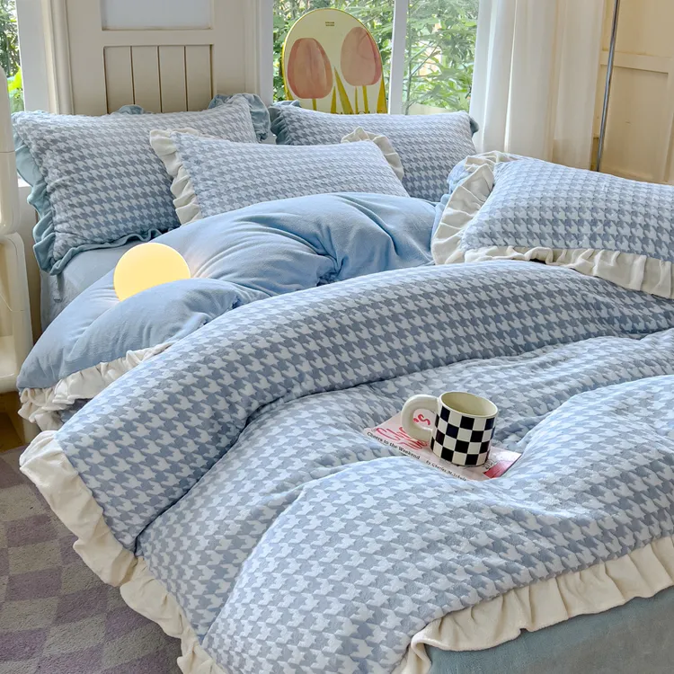 新款加厚牛奶绒四件套冬天保暖双面绒花边被套罩珊瑚绒床单三件套