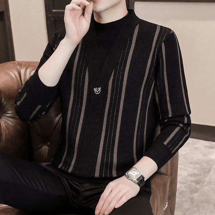 时尚秋冬男装针织长袖假两件2024新款欧货条纹圆领潮牌洋气毛衣帅