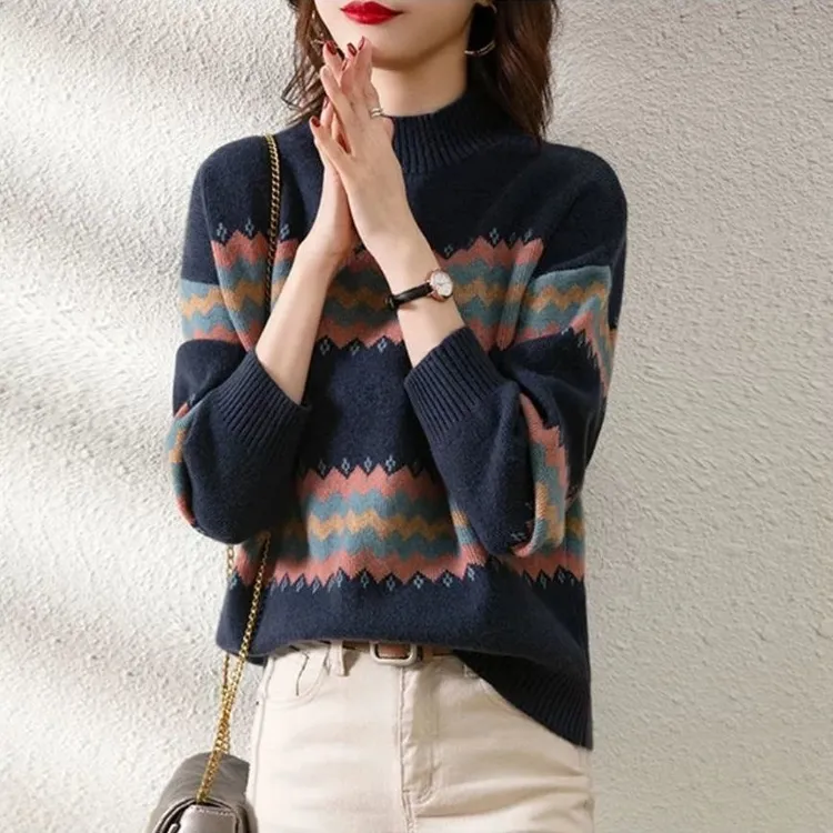 大码女装胖mm半高领毛衣宽松秋冬复古洋气上衣新款外穿打底针织衫