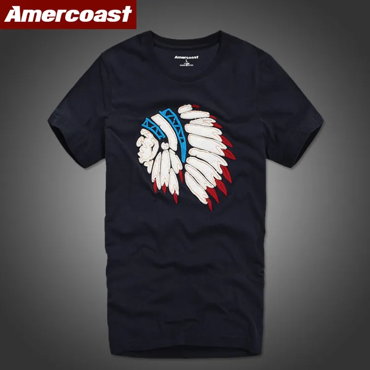美洲海岸三色剪影印第安卡通贴布绣花男士纯棉短袖体恤T恤T067