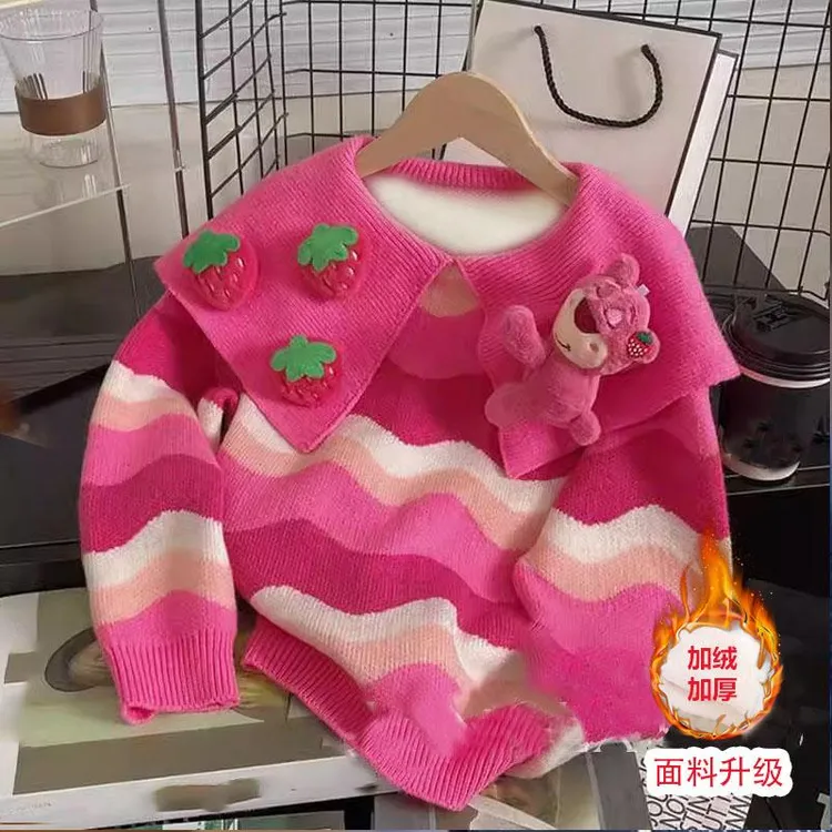 女童洋气加绒新款针织草莓熊秋冬款儿童装冬季套头长袖直播T2359