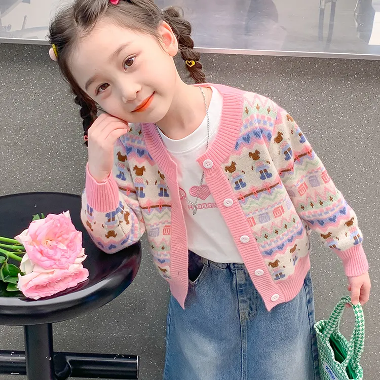 女童针织时髦开衫秋冬儿童女孩小童费尔岛毛衣加绒毛衣直播K2318