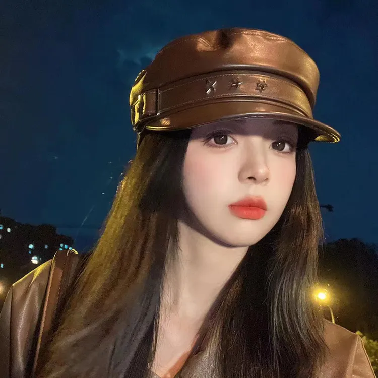 美拉德穿搭PU皮质咖色鸭舌贝雷帽女秋季2023新款画家帽子八角帽