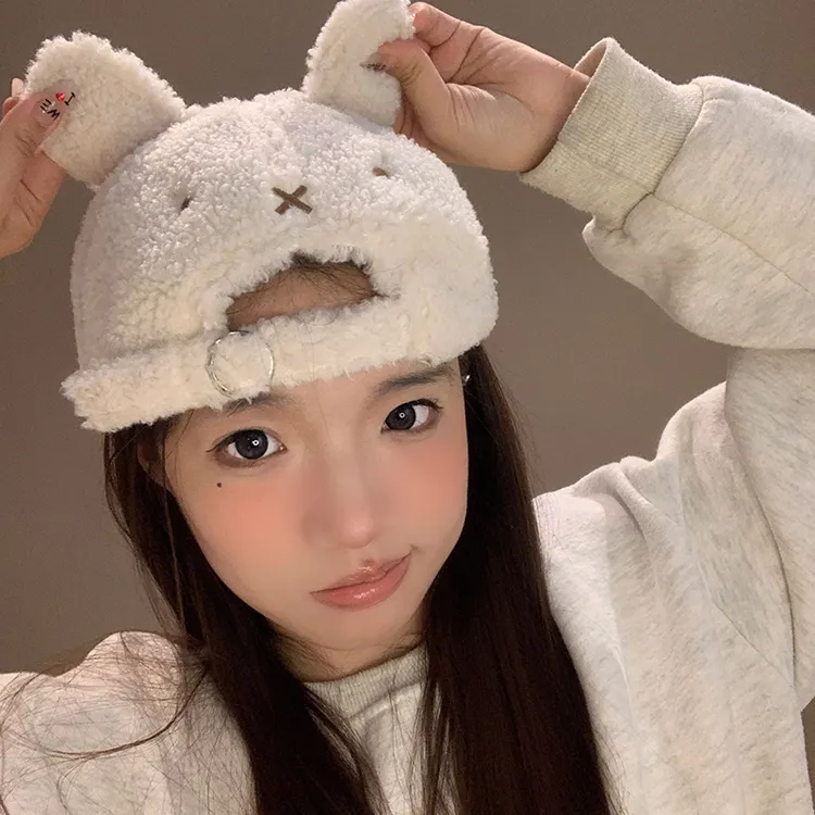 兔兔耳朵羊羔毛绒棒球帽女秋冬季女显脸小韩版爱心可爱甜妹鸭舌帽