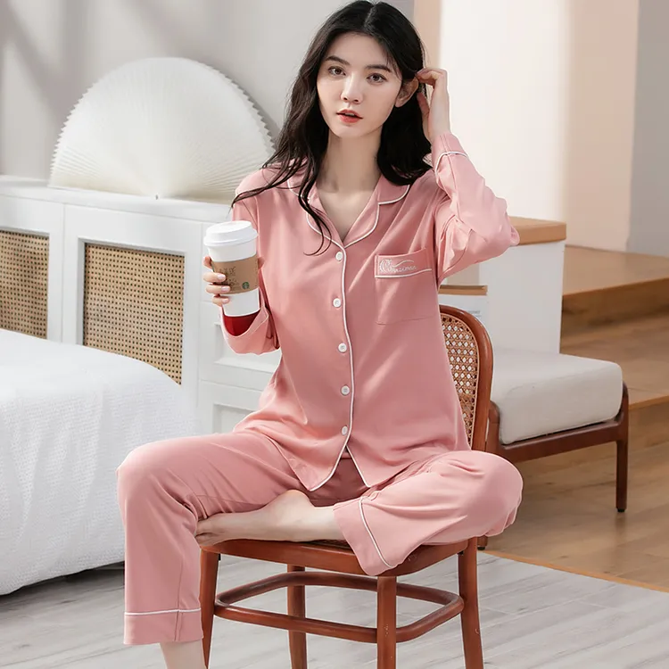 100%全棉加厚反领女士睡衣女秋冬季对襟翻领女套装青年简约家居服