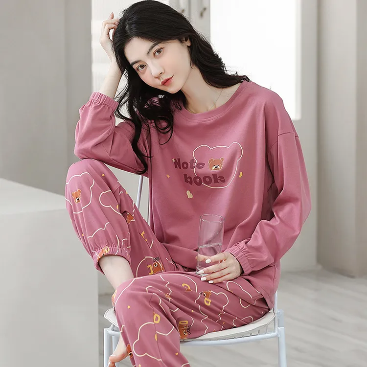 100%纯棉长袖睡衣女秋冬季加厚可外穿学生韩版甜美大码家居服套装