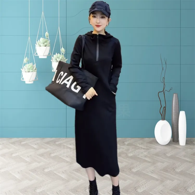 欧洲站开叉连衣裙女2025春秋新款时尚宽松百搭修身显瘦连帽卫衣裙