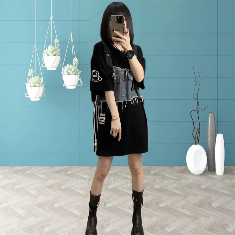 欧货潮牌T恤女2025春夏款高级感百搭减龄宽松显瘦牛仔拼接短袖大T