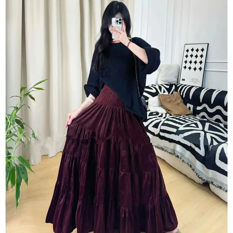 秋冬加厚丽丝绒复古拼接褶皱半身裙女垂感高腰显瘦A字大摆长裙