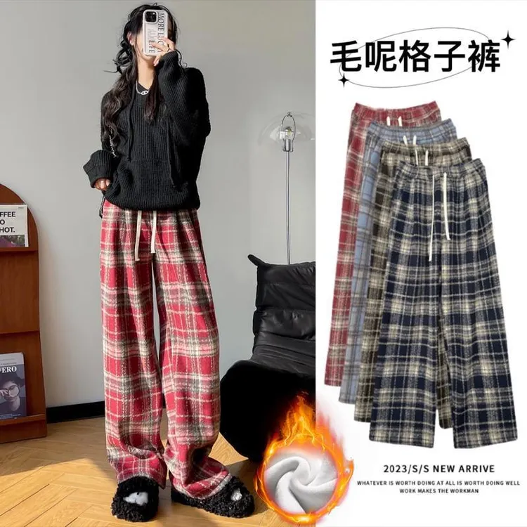 秋冬季外穿加绒加厚高腰显瘦垂坠感保暖格子裤休闲复古宽松直筒裤