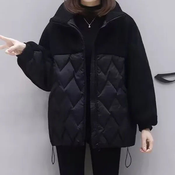 2024年新款女冬装大码棉衣宽松显瘦洋气立领加棉加厚拼接外套女