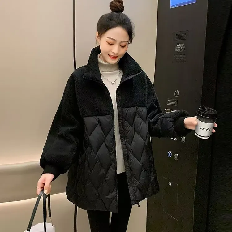 2024年新款女冬装大码棉衣宽松显瘦立领加厚高端拼接外套女