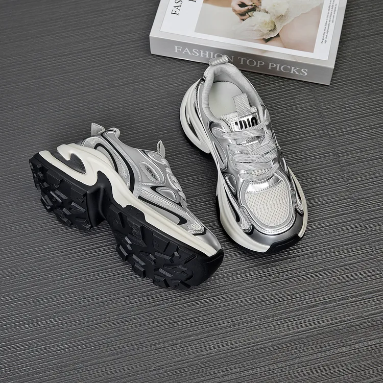 【现货】白露同款网面厚底老爹鞋女24年新款秋季透气银色复古增高鞋