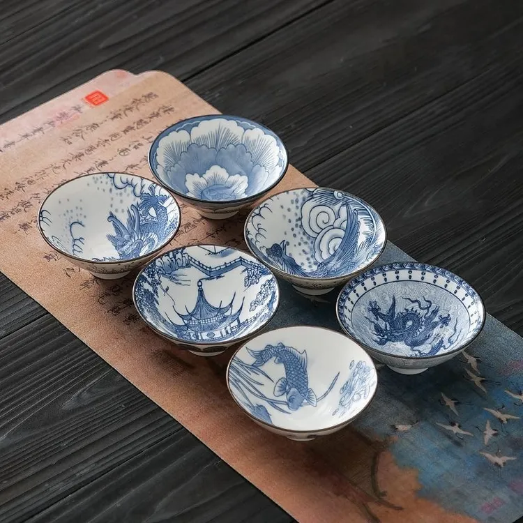 【宠粉专属6个一套】青花陶瓷斗笠杯釉下彩茶杯主人杯整套品茗杯商品图