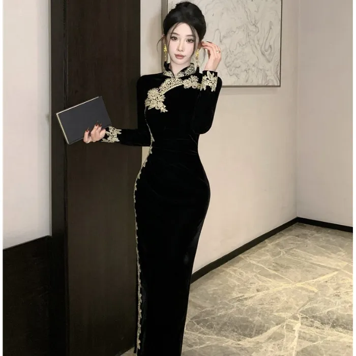 高级感复古改良旗袍年轻款高端气质收腰修身蕾丝花边新中式连衣裙