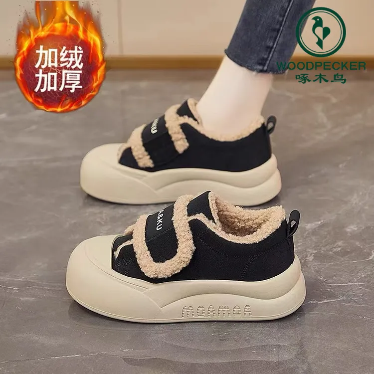 啄木鸟加绒保暖二棉鞋女款2025新款冬时尚厚底防滑魔术贴运动鞋女