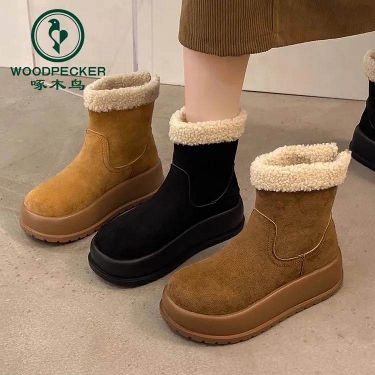 啄木鸟厚底雪地靴女2025冬季加绒休闲短筒靴加厚保暖东北大棉鞋女