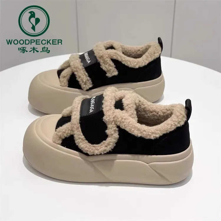 啄木鸟魔术贴棉鞋女冬加绒加厚2025秋冬新款一脚蹬乐福鞋面包鞋潮