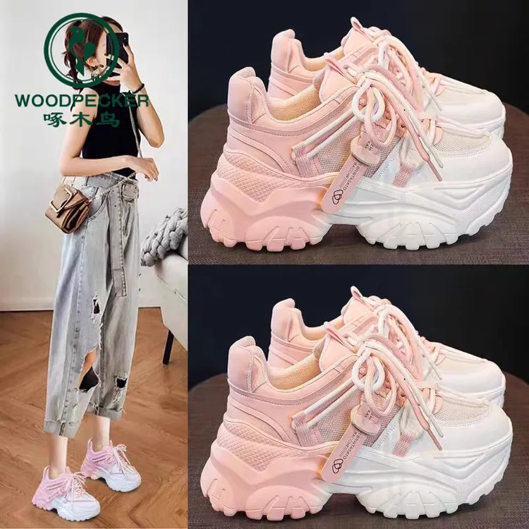 啄木鸟老爹鞋女2025春季百搭厚底增高运动小白鞋透气网面休闲女鞋