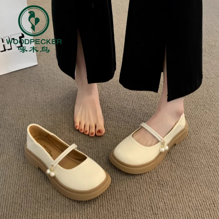 啄木鸟两穿玛丽珍女鞋英伦风小皮鞋2025新款夏季厚底浅口乐福单鞋