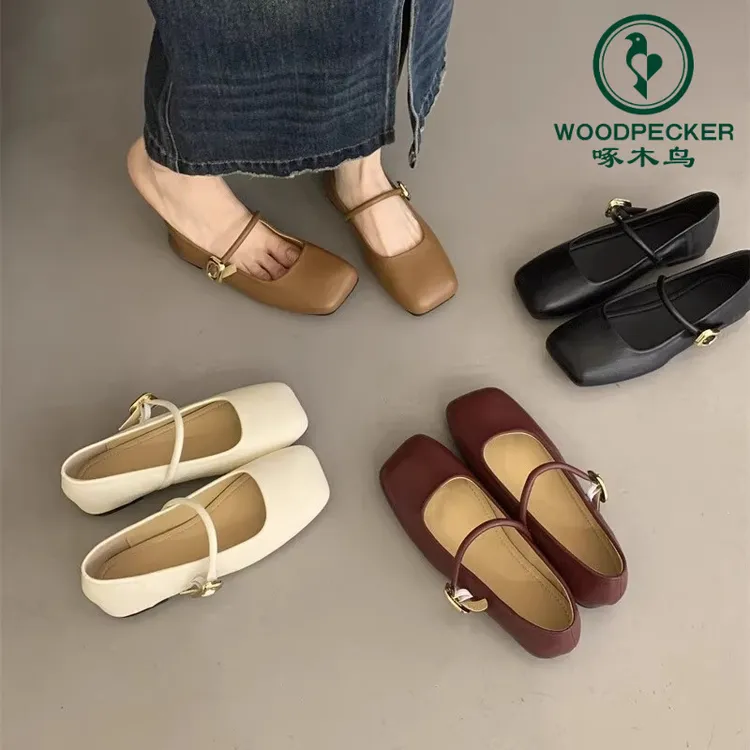 啄木鸟方头浅口一字带玛丽珍女2025春季新款平底百搭软底温柔单鞋