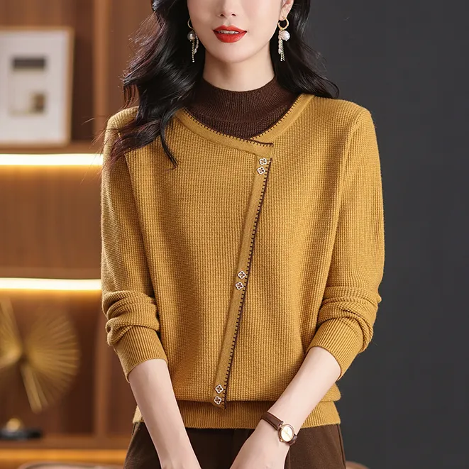 假两件半高领长袖套头高档短款毛衣宽松显瘦高档百搭上衣秋装