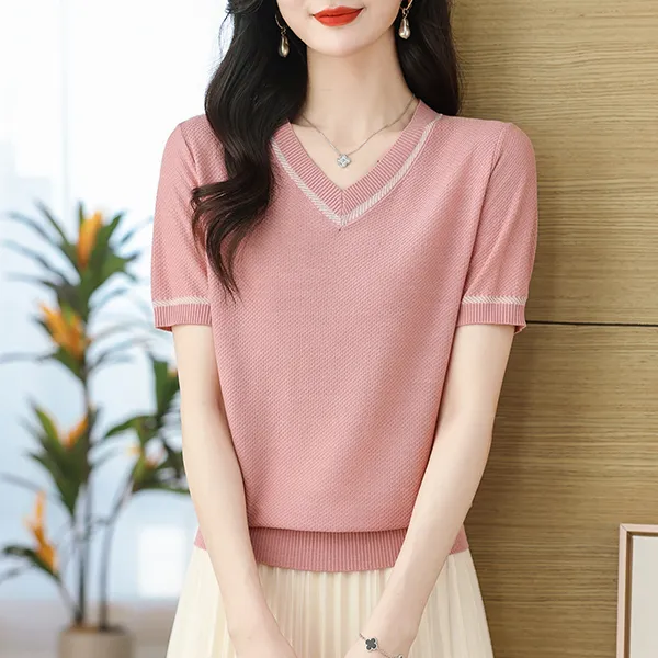 女士夏季短袖t恤薄款显瘦中年妈妈装时尚半袖v领气质短袖女装洋气