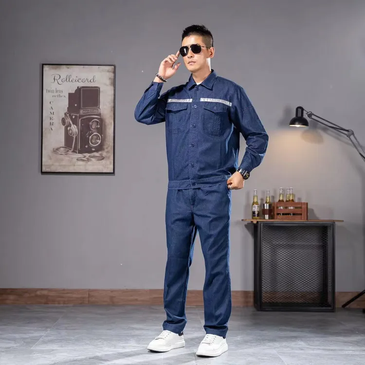 薄款牛仔工作服定制劳保服男户外建筑工地电力电工焊工拉链多口袋