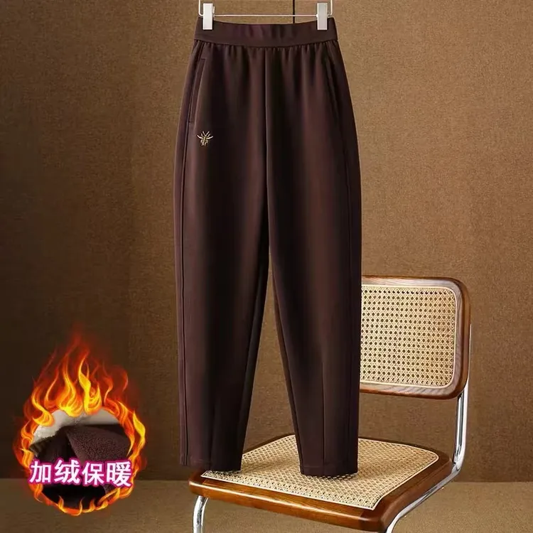 咖色一条过冬休闲裤中年妈妈哈伦裤秋冬加绒时尚百搭松紧腰卫裤