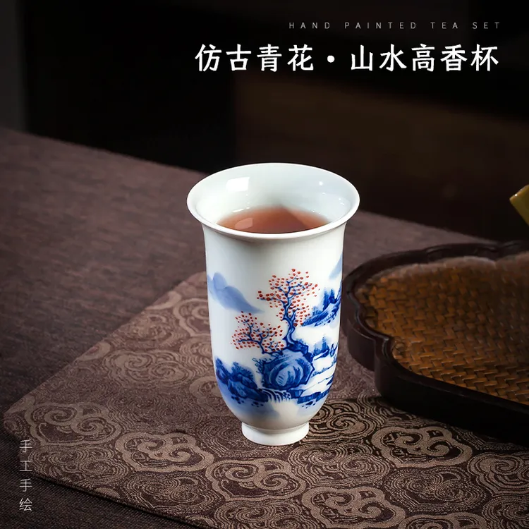 景德镇手工仿古陶瓷主人杯茶杯手绘青花瓷山水大号家用主人茶杯