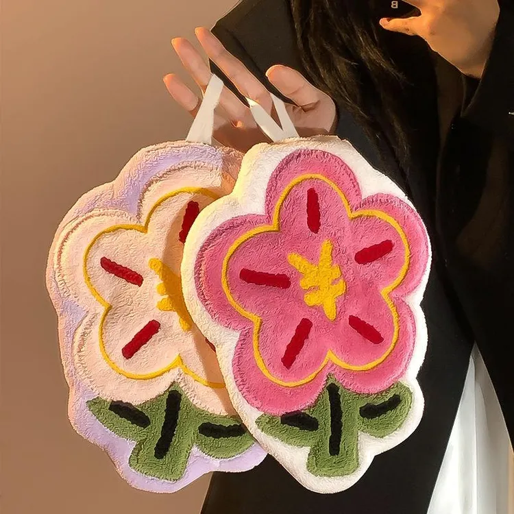 【两种可选】可爱花朵擦手巾挂式加厚刺绣吸水速干浴室厨房手帕毛巾