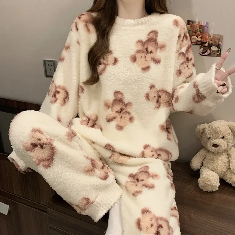 【明星同款】高品质半边绒女新款睡衣家居服套装秋冬季可外穿休闲